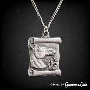 Vintage Pewter Like Horse Scroll Pendant Necklace on Silver Tone Chain